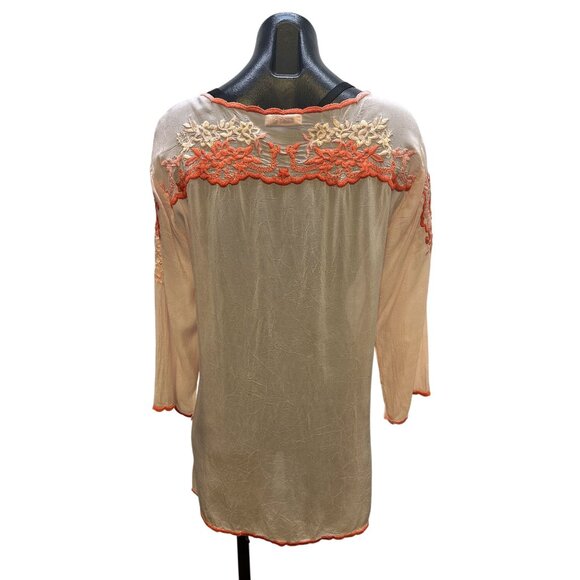 Johnny Was Sheer Pink Tunic Blouse w/Coral & Pink Embroidered Floral Design Size - Picture 2 of 8